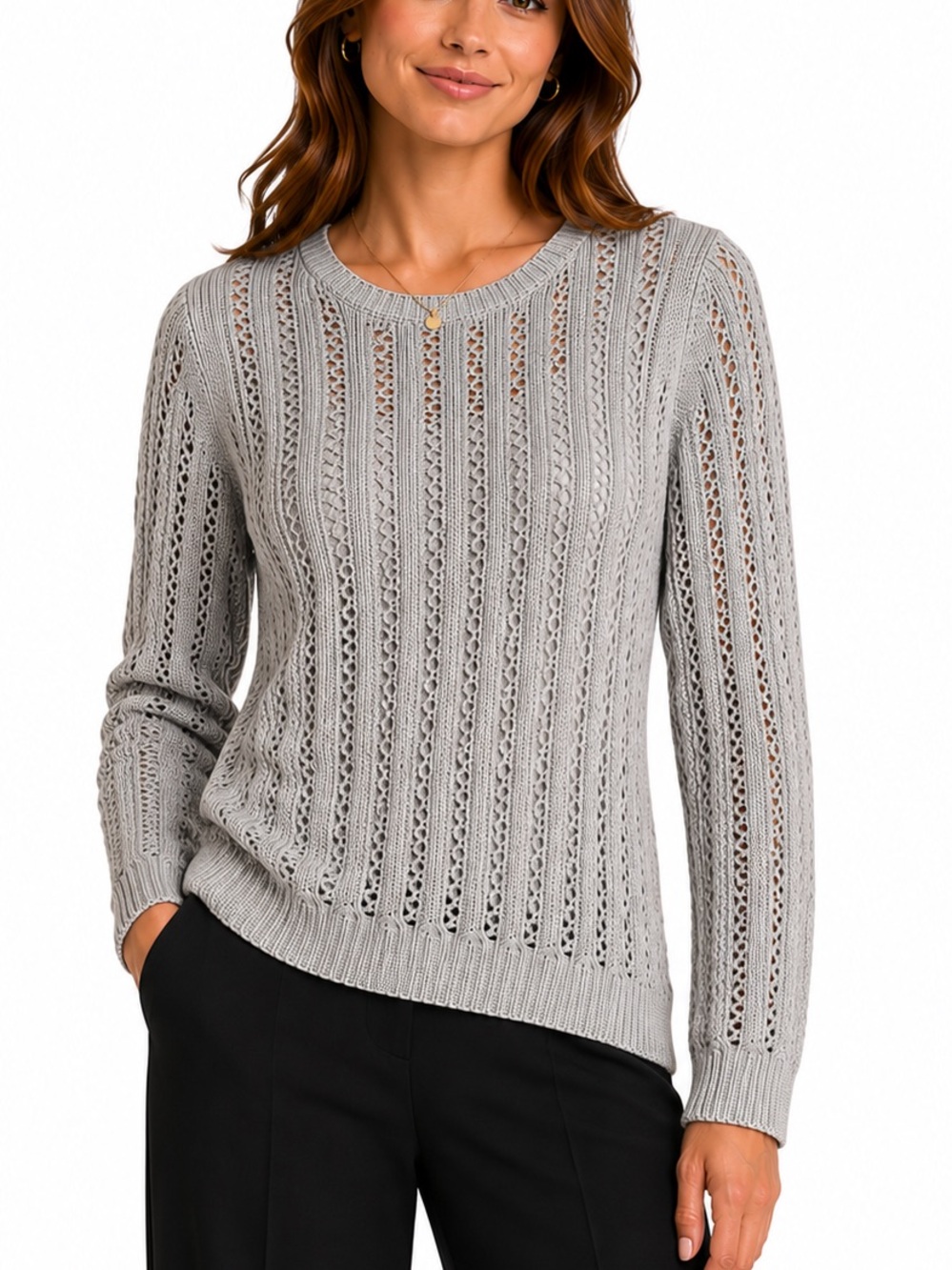 a.n.a. Women’s Size Medium Gray Open Knit Crochet Sweater Cotton Blend